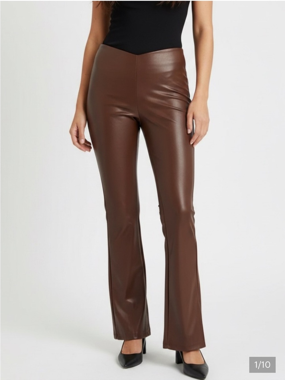 H&M Divided Vegan Faux Leather Trousers in Brown with split hem bottom